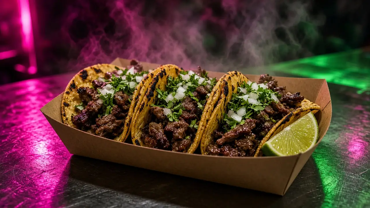 Illustrative image: street tacos under neon light